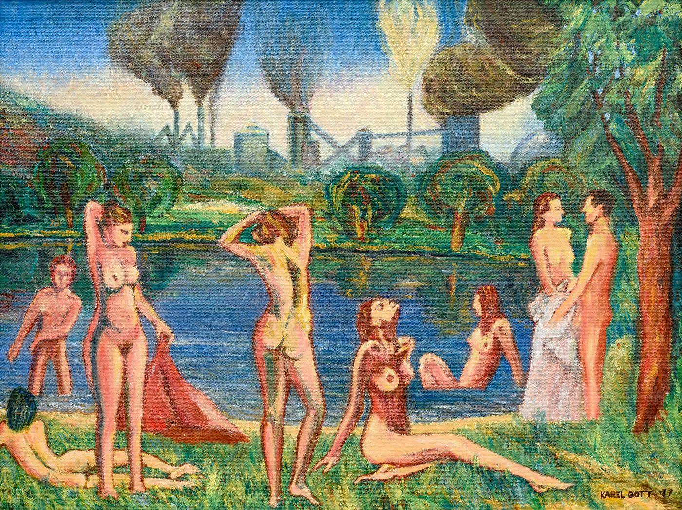 Karel Gott: Hurá do přírody, olej na plátně, 1987, 45 × 58 cm. Dílo zobrazuje mistrovo oblíbené téma ženského aktu, uchopené s jeho charakteristickou nadsázkou.